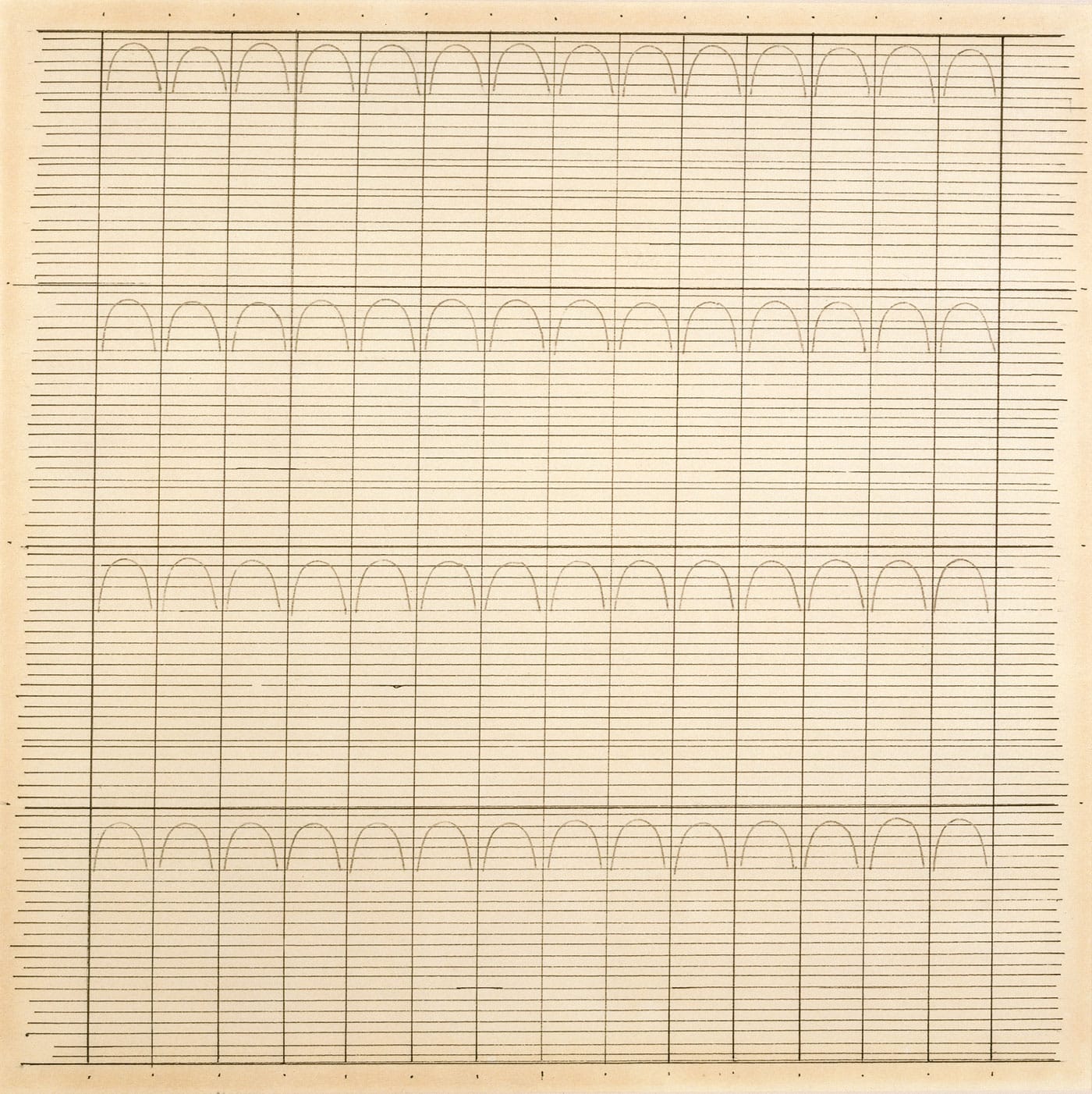 Agnes Martin, "Untitled" (1960), ink and graphite on paper, 8 1/2 x 8 1/2 inches (21.6 x 21.6 cm) (courtesy The Elkon Gallery, New York, © 2015 Agnes Martin/Artists Rights Society, ARS, New York)