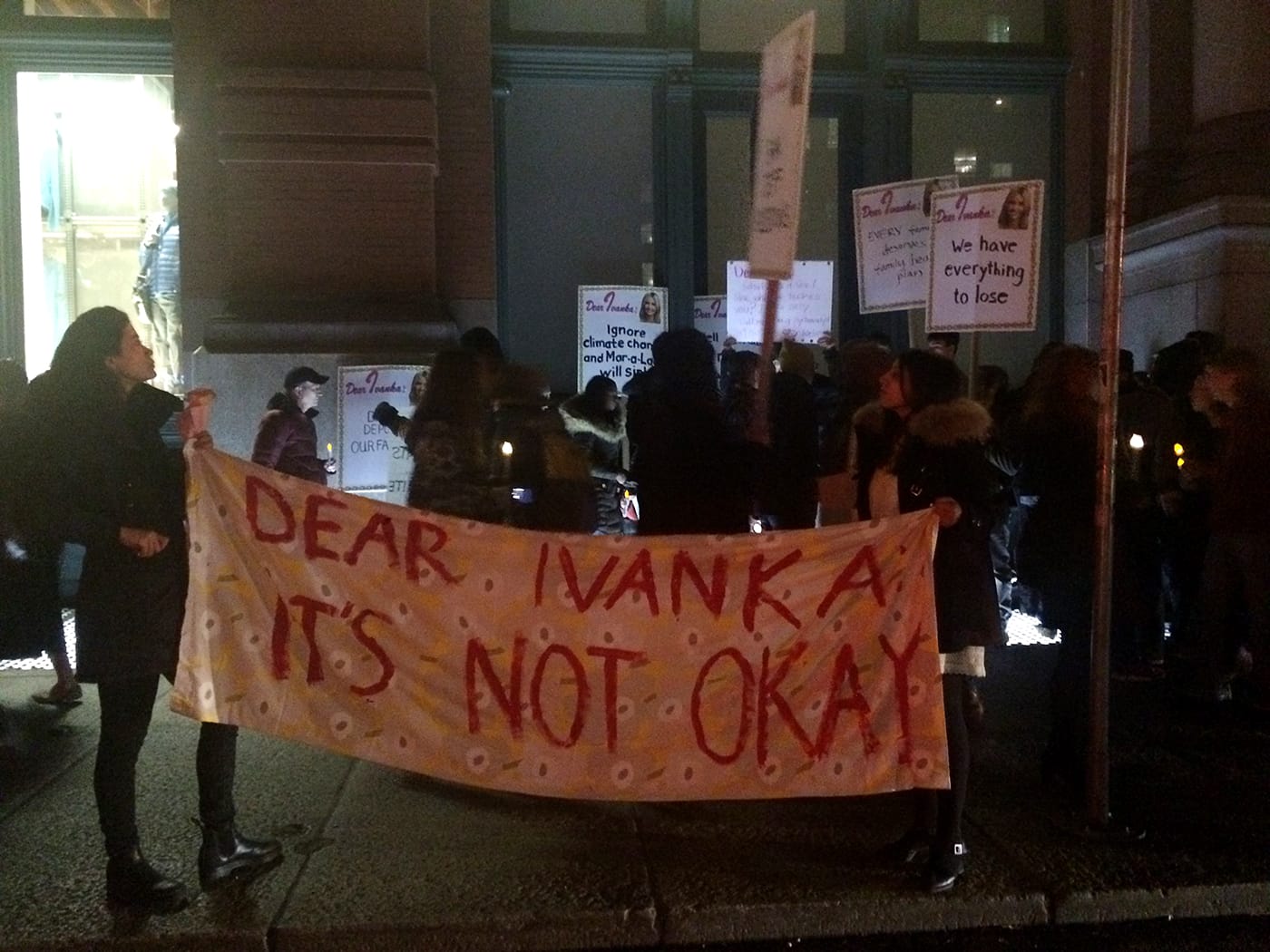 #DearIvanka protestors outside the Puck Building (all photos by the author for Hyperallergic)