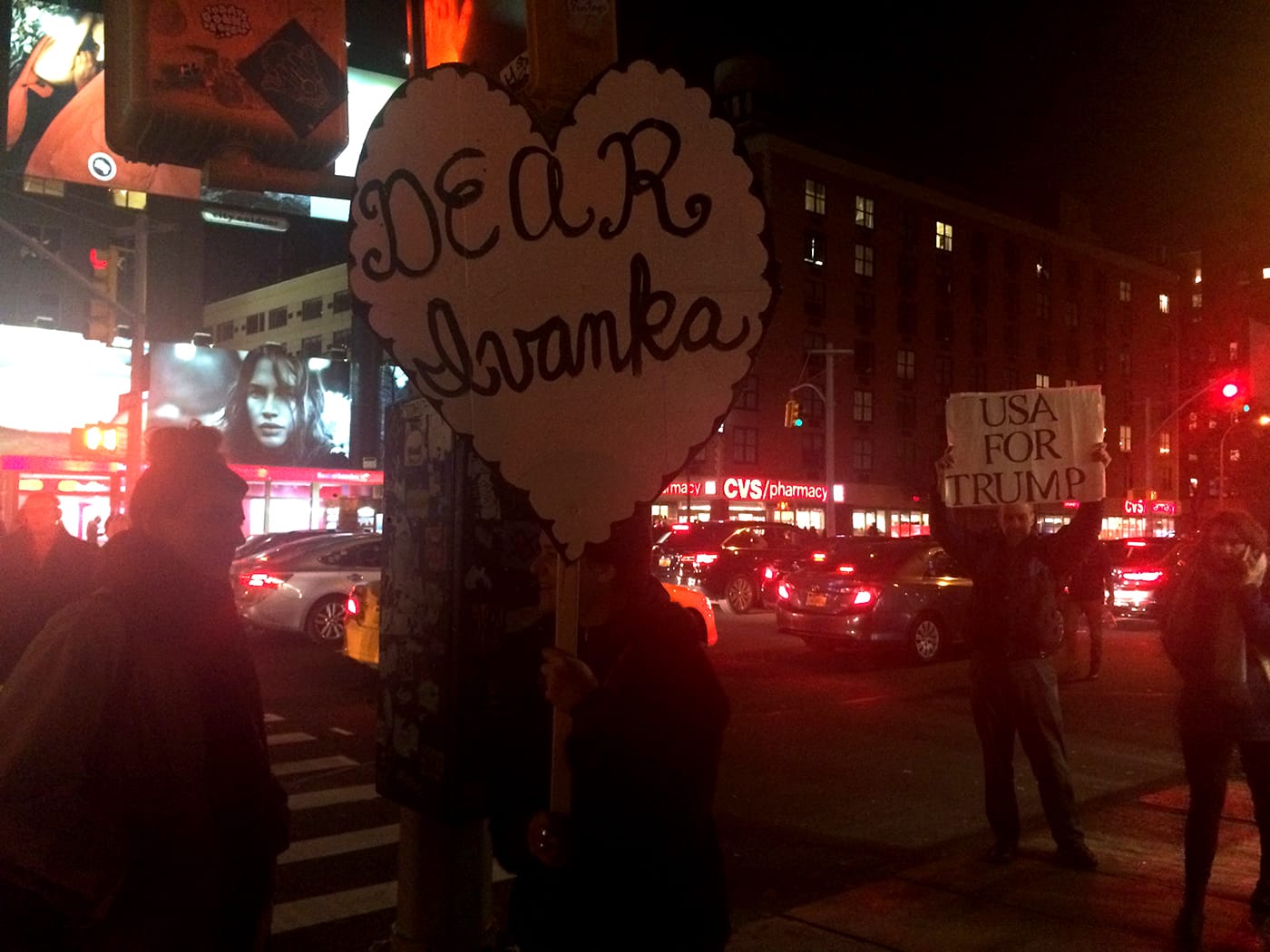 #DearIvanka protestors outside the Puck Building with a counter-protestor
