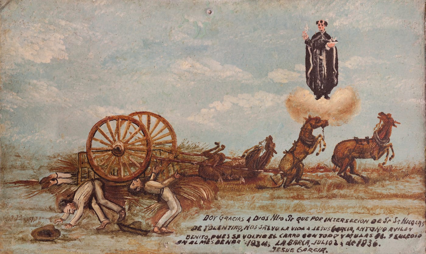 Mexican ex voto oil on copper painting to San Nicolás de Tolentino depicting a carriage accident (1936) (via Museo Frida Kahlo/Wikimedia)