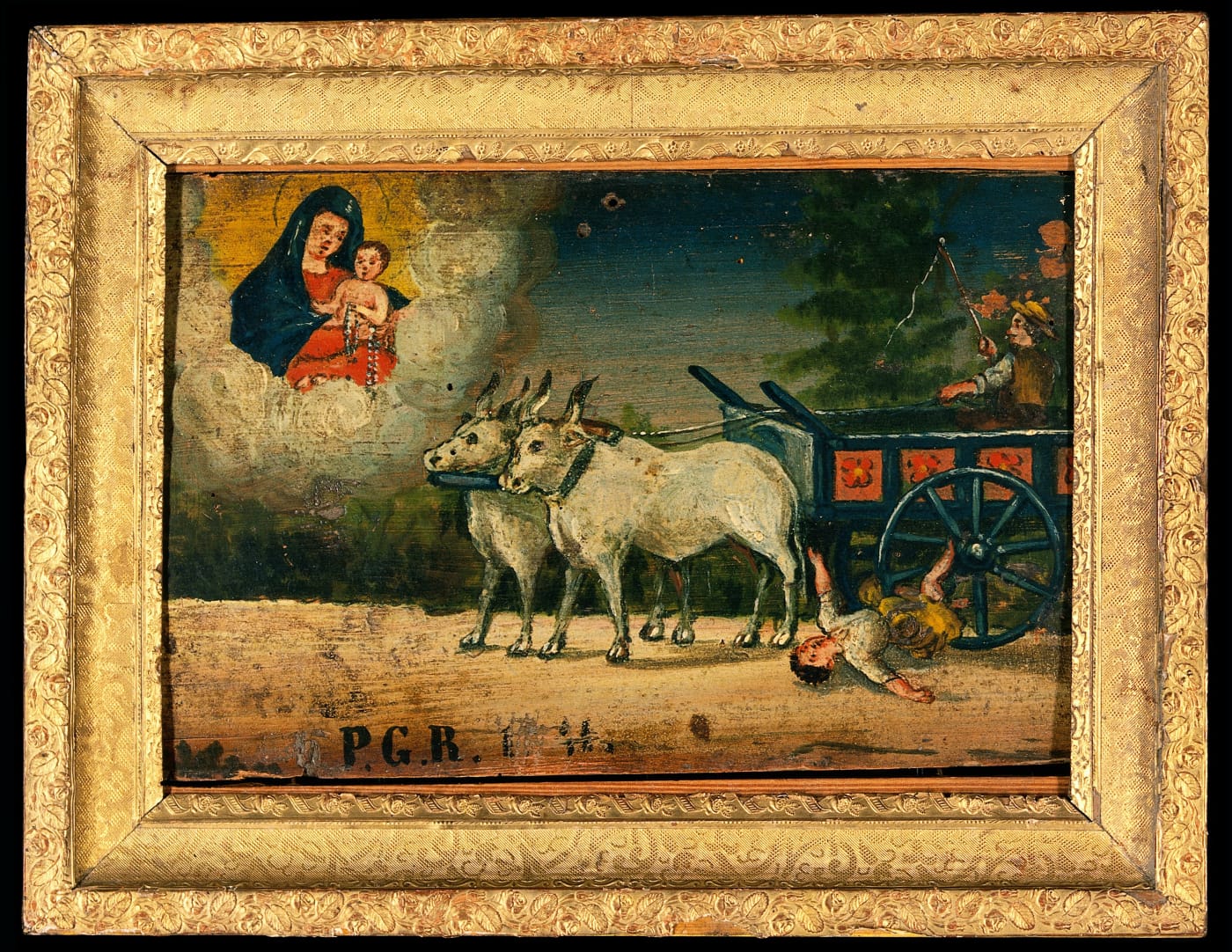 Ex-voto oil painting of a boy that fell under the wheel of an ox cart (via Wellcome Library)