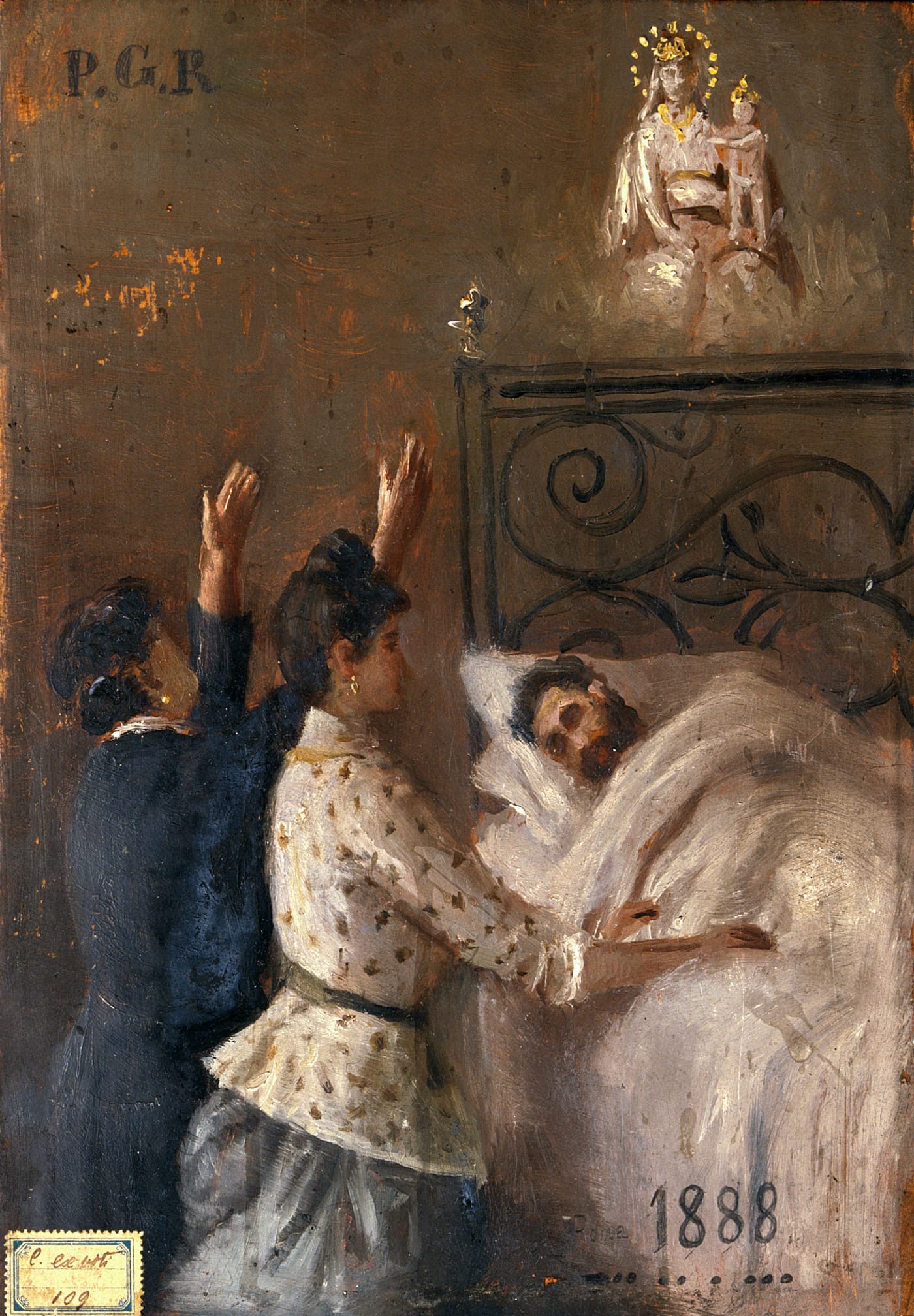 Ex-voto painting of two women attending a man in bed and appealing to Sansovino's Virgin and Child (Italy, 1888) (via Wellcome Library)