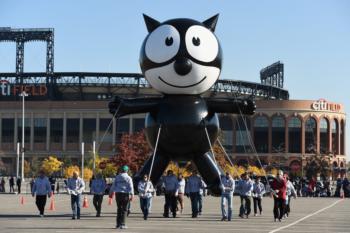 Felix the Cat flies in preparation for the 90th Anniversary Macy's Thanksgiving Day Parade at New York's Citi Field on November 5, 2016 (photo by Dave Kotinsky/Getty Images for Macy's Parade)