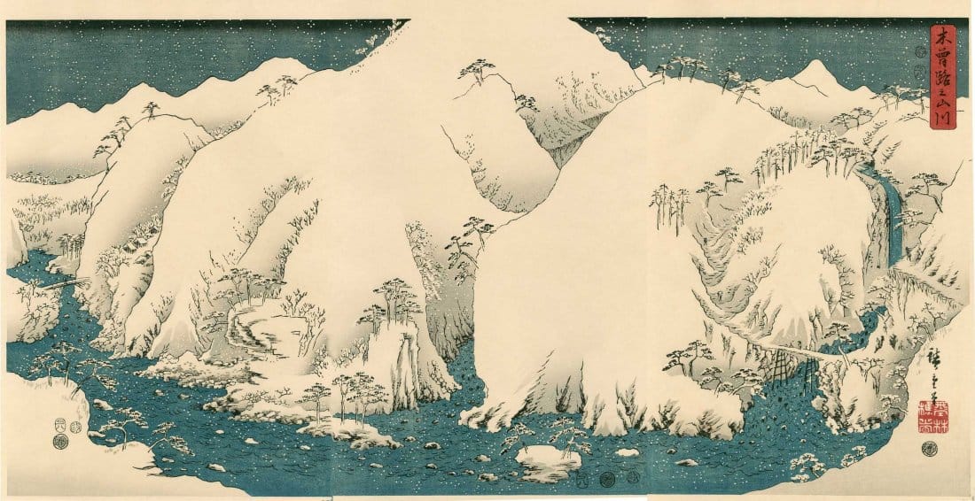 hiroshige-kiso-gorge-in-snow-triptych-1857