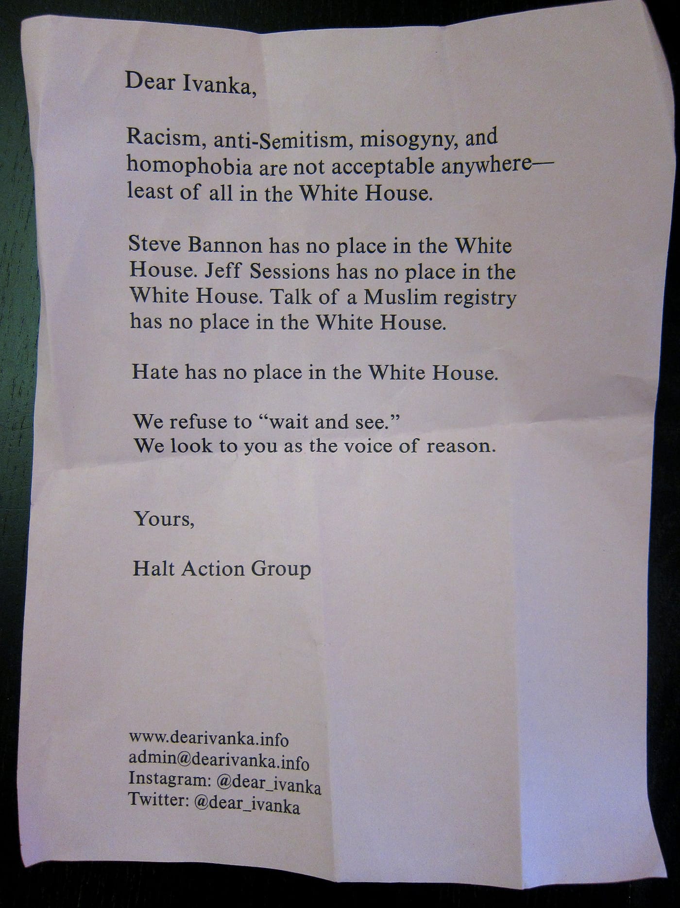 A letter by Halt Action Group to Ivanka Trump