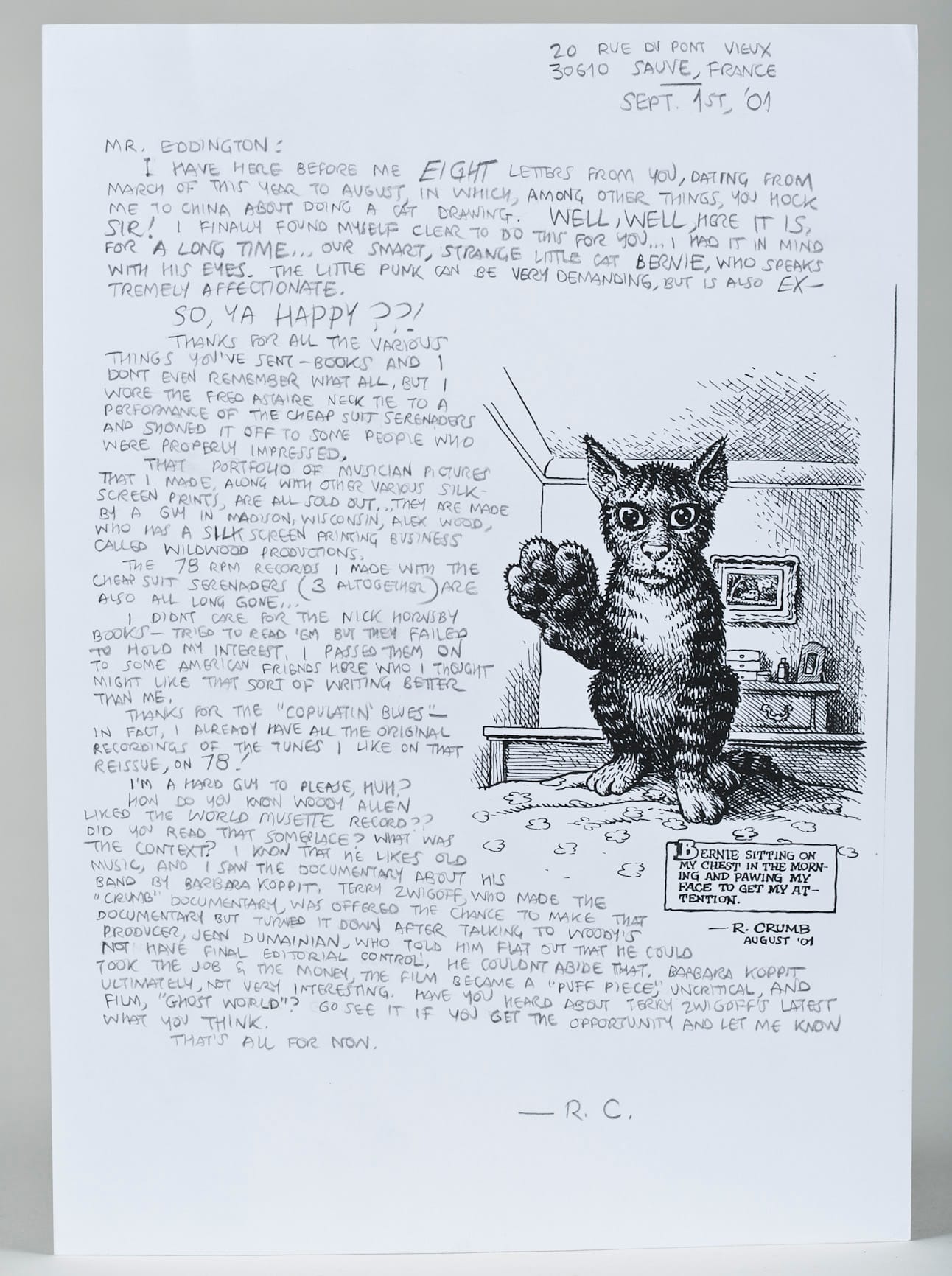 Robert Crumb, letter with ink drawing "Bernie Sitting on my Chest and Pawing My Face to Get My Attention"