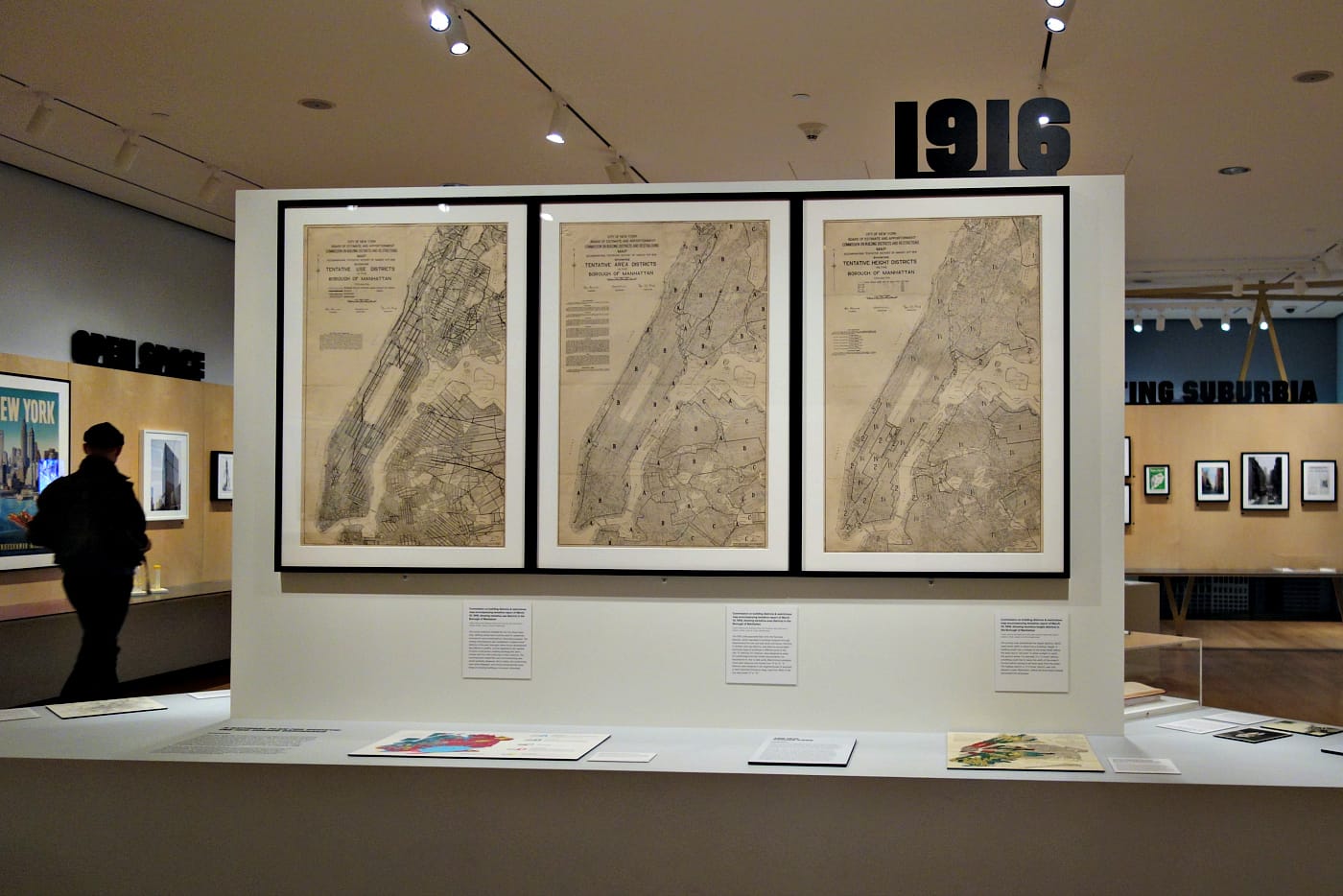 Installation view of Mastering the Metropolis New York and Zoning, 1916-2016 at the Museum of the City of New York (photo by the author for Hyperallergic)