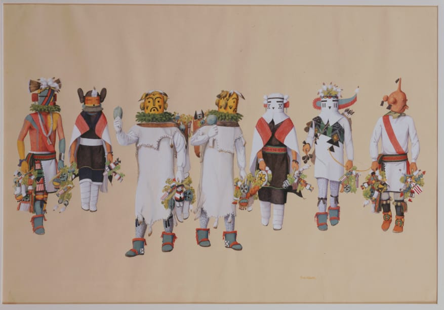 Fred Kabotie (Naqavo'ma), Hopi, Arizona, Kachinas Distributing Gifts (c. 1930), gouache on paper, 15 x 21 3/4 in, gift of Amelia Elizabeth White, 1937