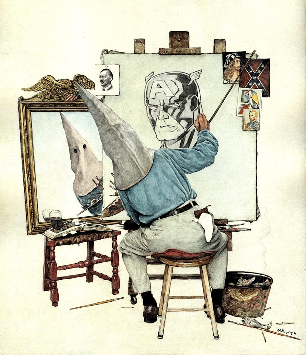 Mr. Fish drew this four years ago and he writes: "present this cartoon, not as proof of our defeat at the rope-burned hands of bigots and soulless automatons of institutionalized bigotry and hick paranoia, but rather as a battle cry calling to action the hearts and minds of better men and women poised and ready to fight peaceably for a kinder and more tolerant future." (via Mr. Fish)