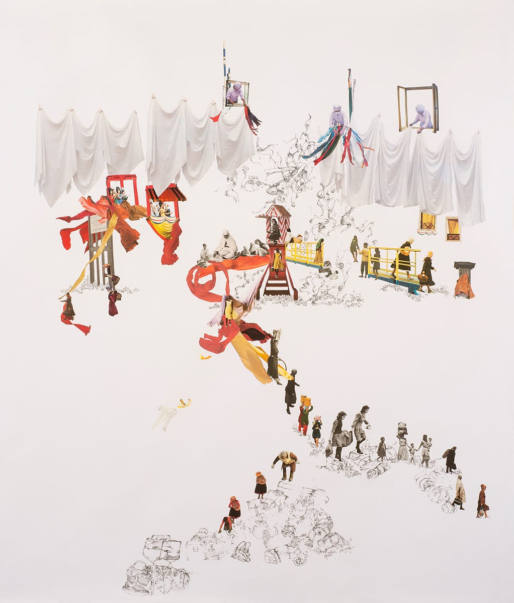 Rachel Farbiarz, "Ticker Tape" (2016), graphite and collage, 43 5/8 x 51 1/2 in