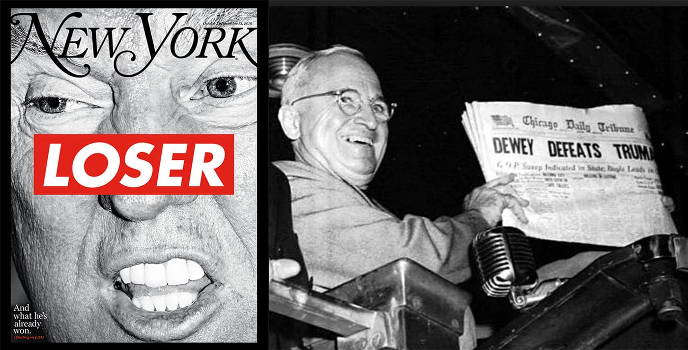 Barbara Kruger's cover, left, and the infamous photograph of President Harry Truman holding up the overeager frontpage.