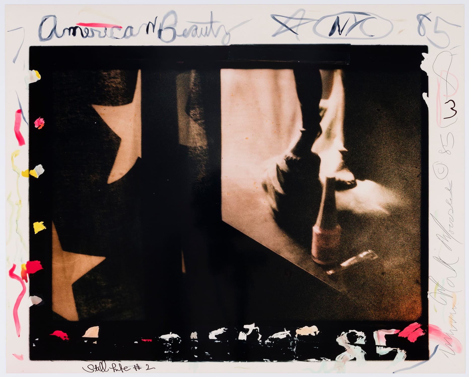 Mark Morrisroe, "American Beauty" (1985), c-print, negative sandwich, retouched with ink and inscribed with marker, 14 x 19 in