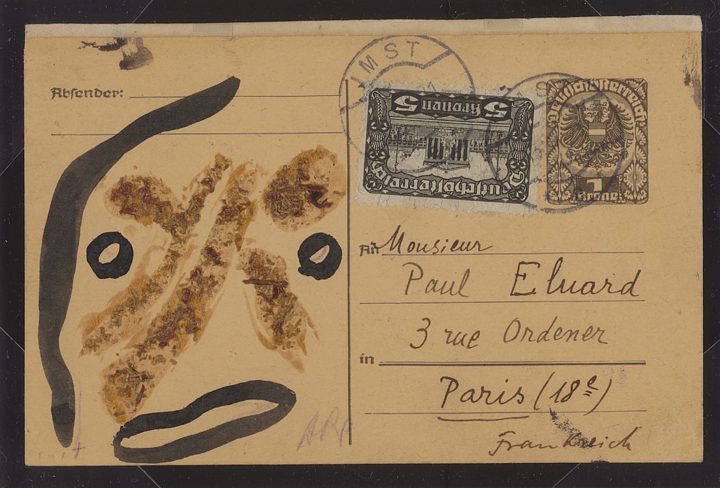 Hans Arp, Max Ernst, and Tristan Tzara postcard to Paul Eluard (1921), brush and pen in ink, tobacco, postal stamps, stamp in black, 14 x 9 cm, Kunsthaus Zürich (© 2015 ProLitteris, Zurich / Estate of Tristan Tzara)