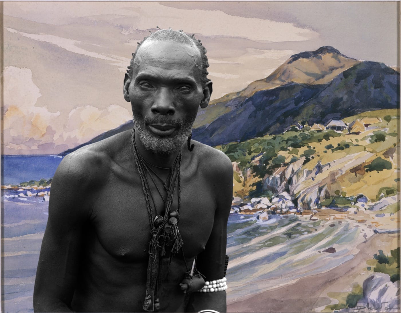 Sammy Baloji, Portrait #1: Kalamata, chief of the Luba against watercolor by Dardennefrom the series “Congo Far West: Retracing Charles Lemaire's expedition,” 2011. Digital photograph on Hahnemühle paper, 100 x 128 cm. Courtesy the artist and Axis Gallery, NY/NJ.