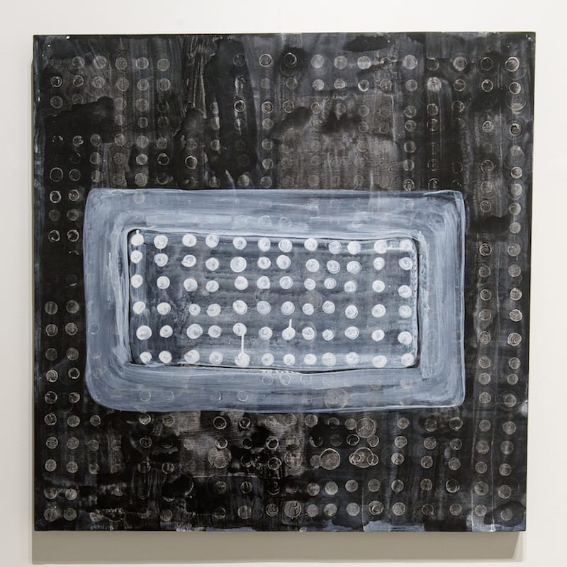 Torkwase Dyson, painting from <em>Strange Fruit (Series)</em>, on view in <em>Unkeeping</em> at Eyebeam (photo by Christine Butler)