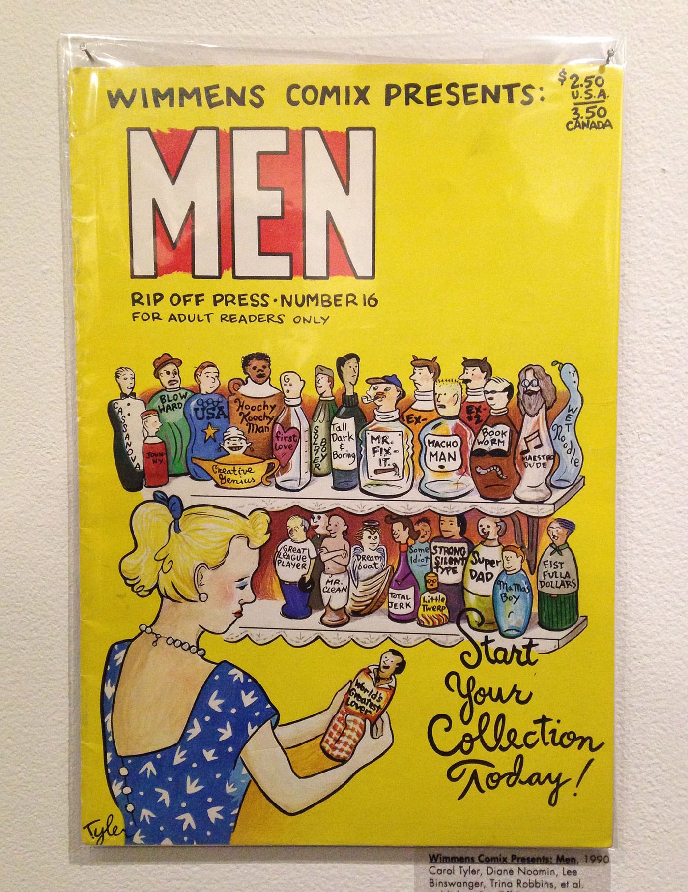 Carol Tyler, Diane Noomin, Lee Binswanger, Trina Robbins, et. al., "Wimmens Comix Presents: Men" (1990), published by Rip Off Press (photo Jillian Steinhauer/Hyperallergic)