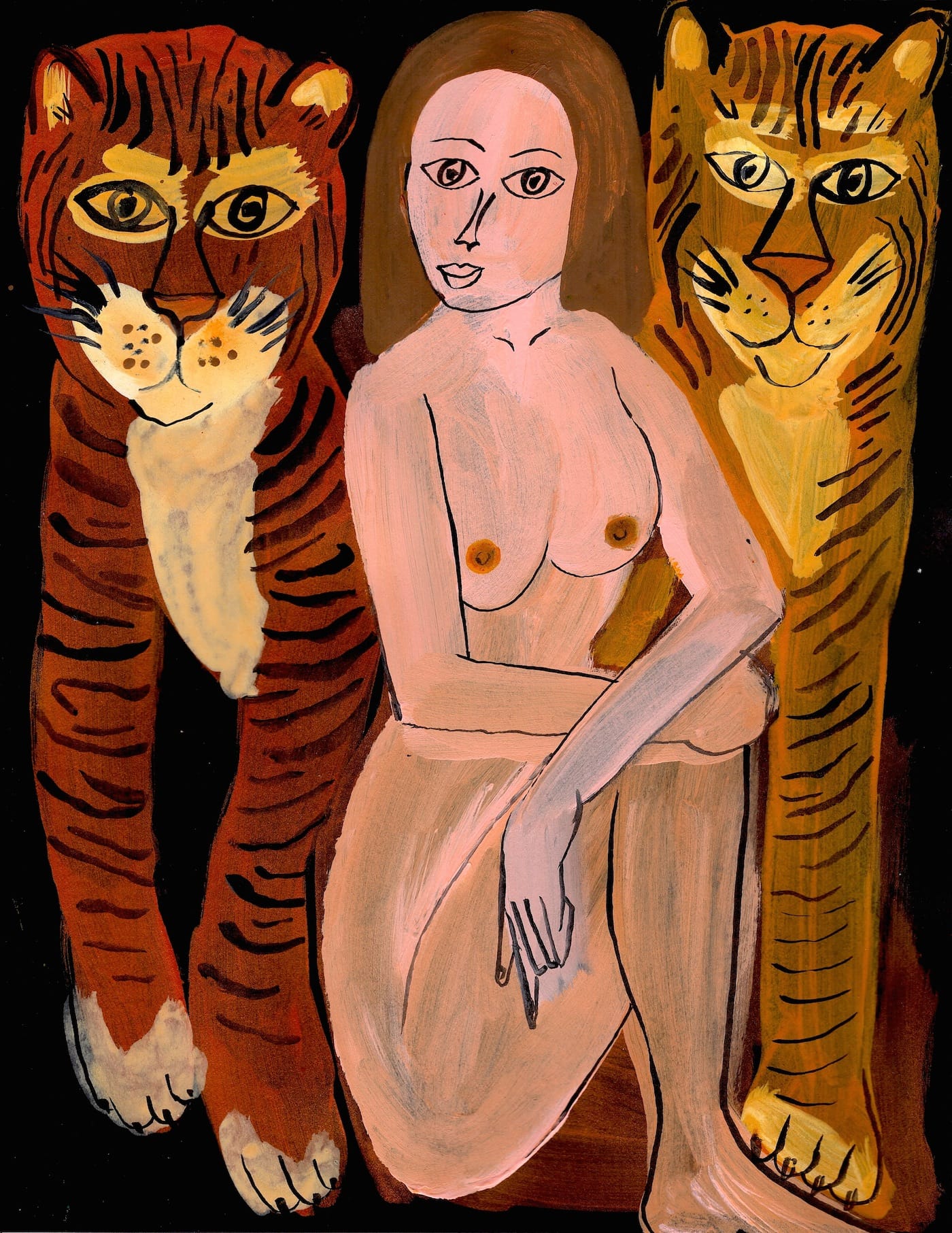 Arrington de Dionyso, "Woman with Two Tigers" (2016), acrylic ink and acrylic paint on paper