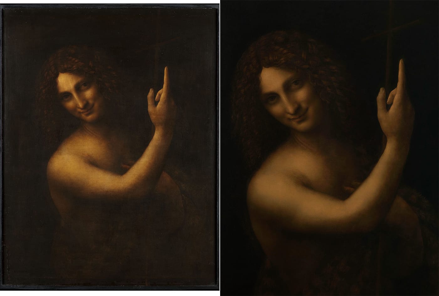 Leonardo da Vinci's "Saint John the Baptist" (c. 1513–16) before the recent restoration at left, and after the restoration at right (both images © Musée du Louvre, dist. RMN — Grand Palais; left photo by Angële Dequier; right photo by Tony Le Querrec)