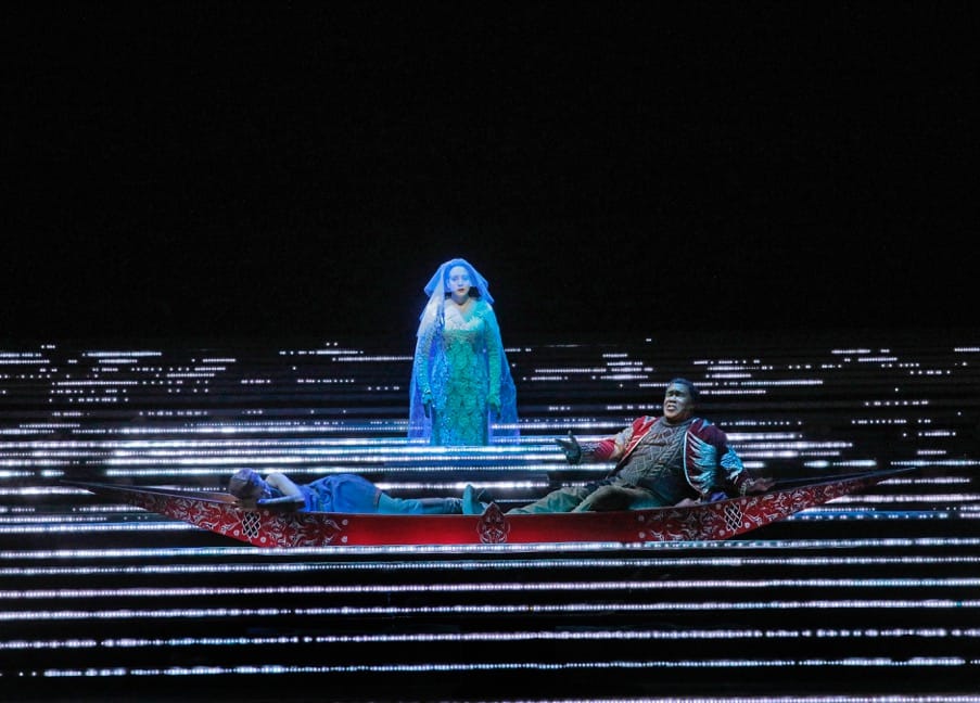 Tamara Mumford as the Pilgrim, Eric Owens as Jaufré Rudel, and Susanna Phillips as Clémence in Kaija Saariaho's <em>L’Amour de Loin</em> (photo by Ken Howard, courtesy the Metropolitan Opera)