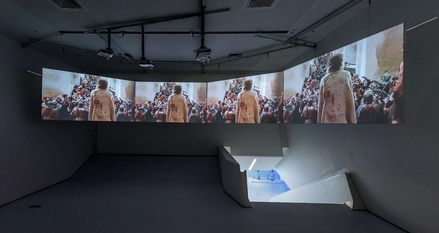 A view of the video installation (13 mins) created by curator Nils Warnecke, in the Museum’s video screening amphitheater, for <em/>Martin Scorsese at the Museum of the Moving Image (photo by Thanassi Karageorgiou, courtesy the Museum of the Moving Image)