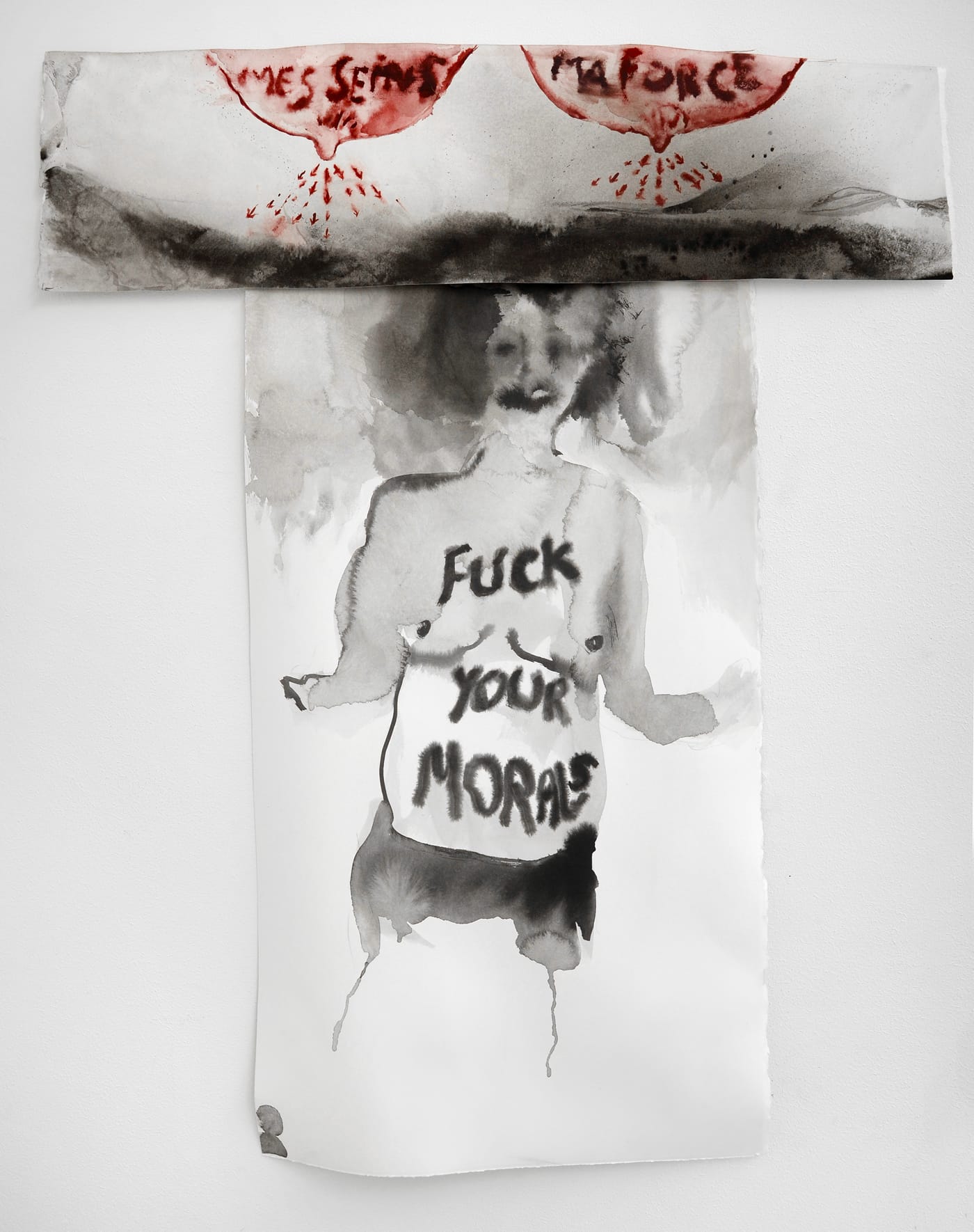 Annette Messager, "Fuck your Morals" (2016), composition of two drawings, acrylic on paper, 21 7/8 x 27 15/16 in