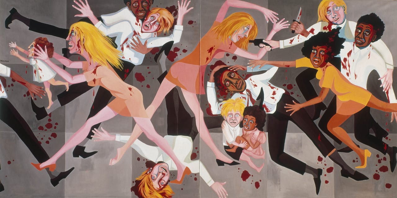 Faith Ringgold, “American People Series #20: Die” (1967), oil on canvas, two panels, 72 × 144 in, the Museum of Modern Art, New York, purchase, and gift of Sarah Peter (© 2016 Faith Ringgold, courtesy MoMA)