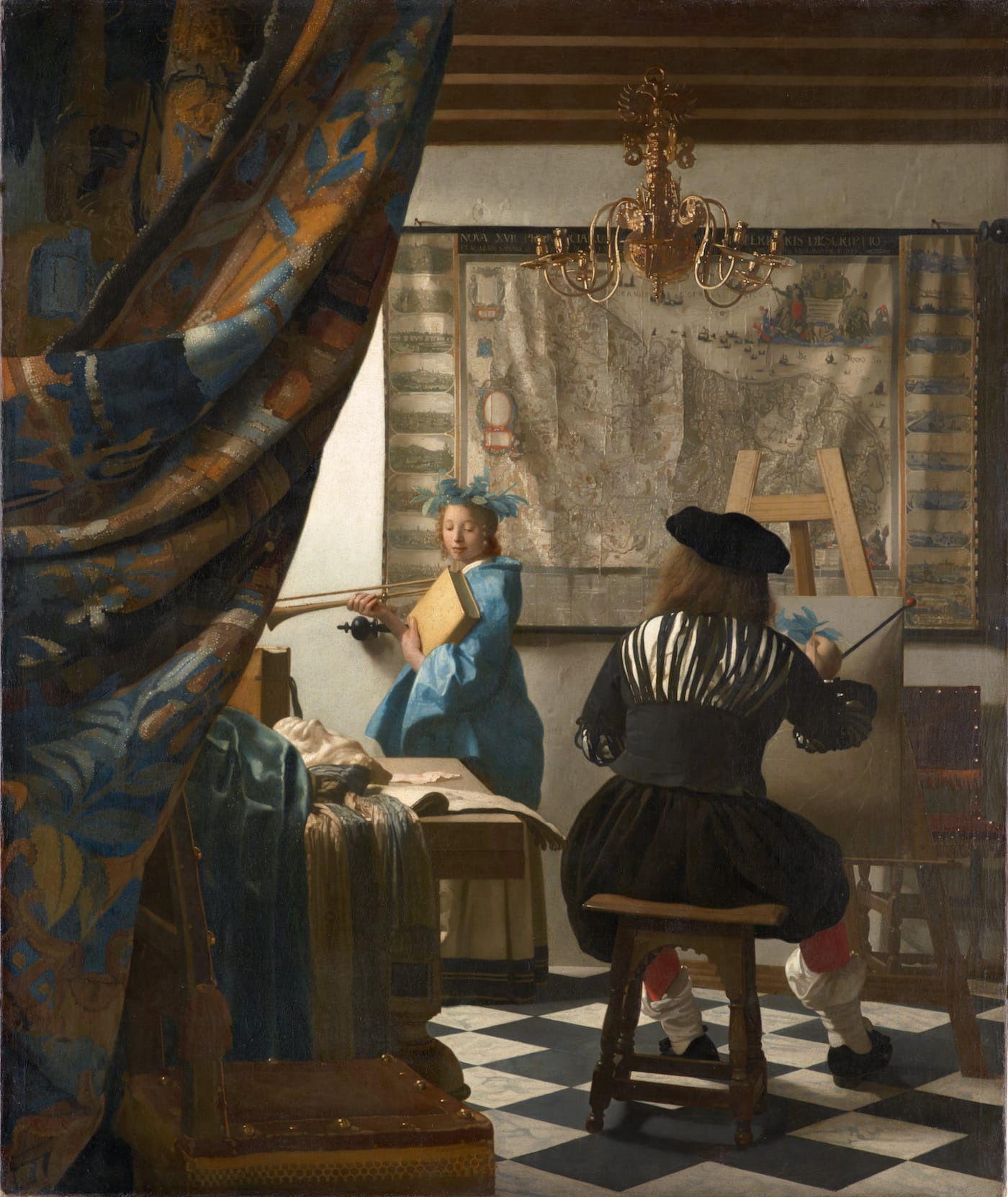Johannes Vermeer, "The Art of Painting" (1666-68), oil on canvas, which includes a map similar to the one conserved by the National Library of Scotland (via Kunsthistorisches Museum/Wikimedia)