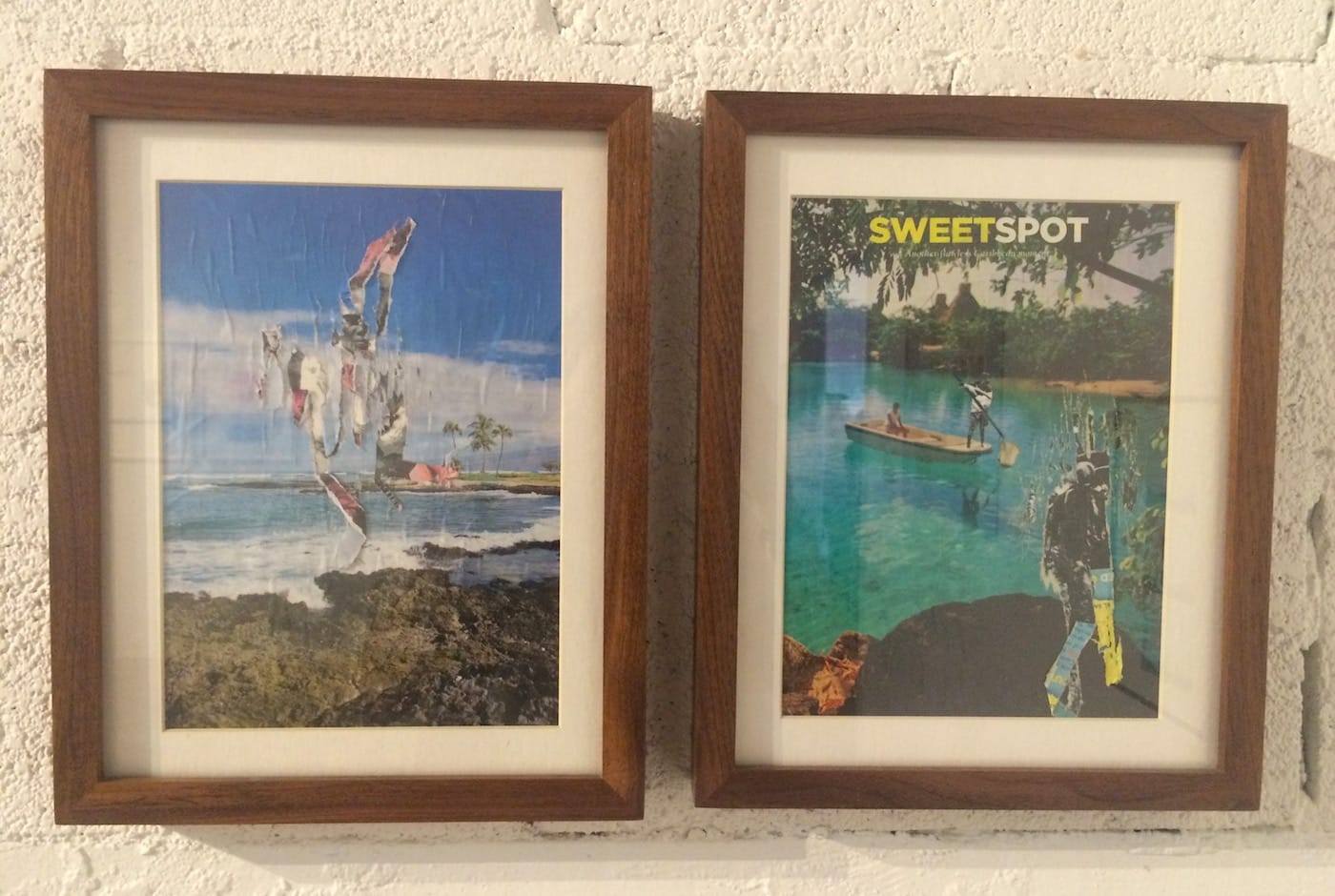 Andrea Chung, “Dry Yaye” (2008, left), magazine decollage, 9 x 12 in; “Sweet Spot” (2009, right), magazine decollage, 9 x 12 in