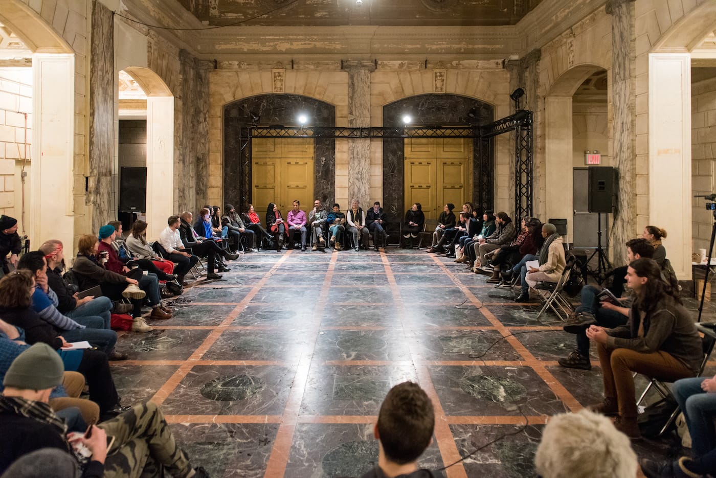 "Native American Realness" discussion with Rosy Simas (Seneca), Christopher K. Morgan (Native Hawaiian), and Sara Nash, organized by American Realness at ISSUE Project Room on January 7 (photo by Ian Douglas, courtesy American Realness)