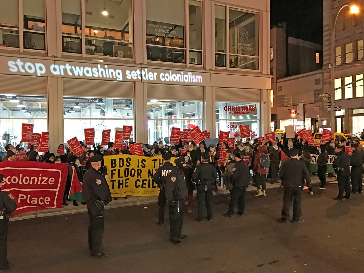 A view of the Decolonize This Place protest in front of the Artis offices in Soho (photo by Hrag Vartanian for Hyperallergic)