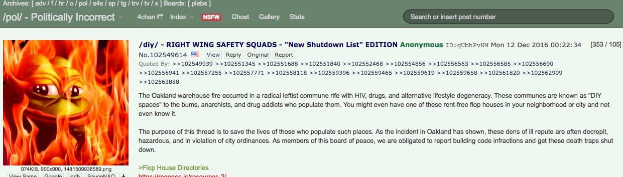 A 4Chan thread in which internet trolls discuss trying to get DIY art spaces shut down (screenshot by the author)