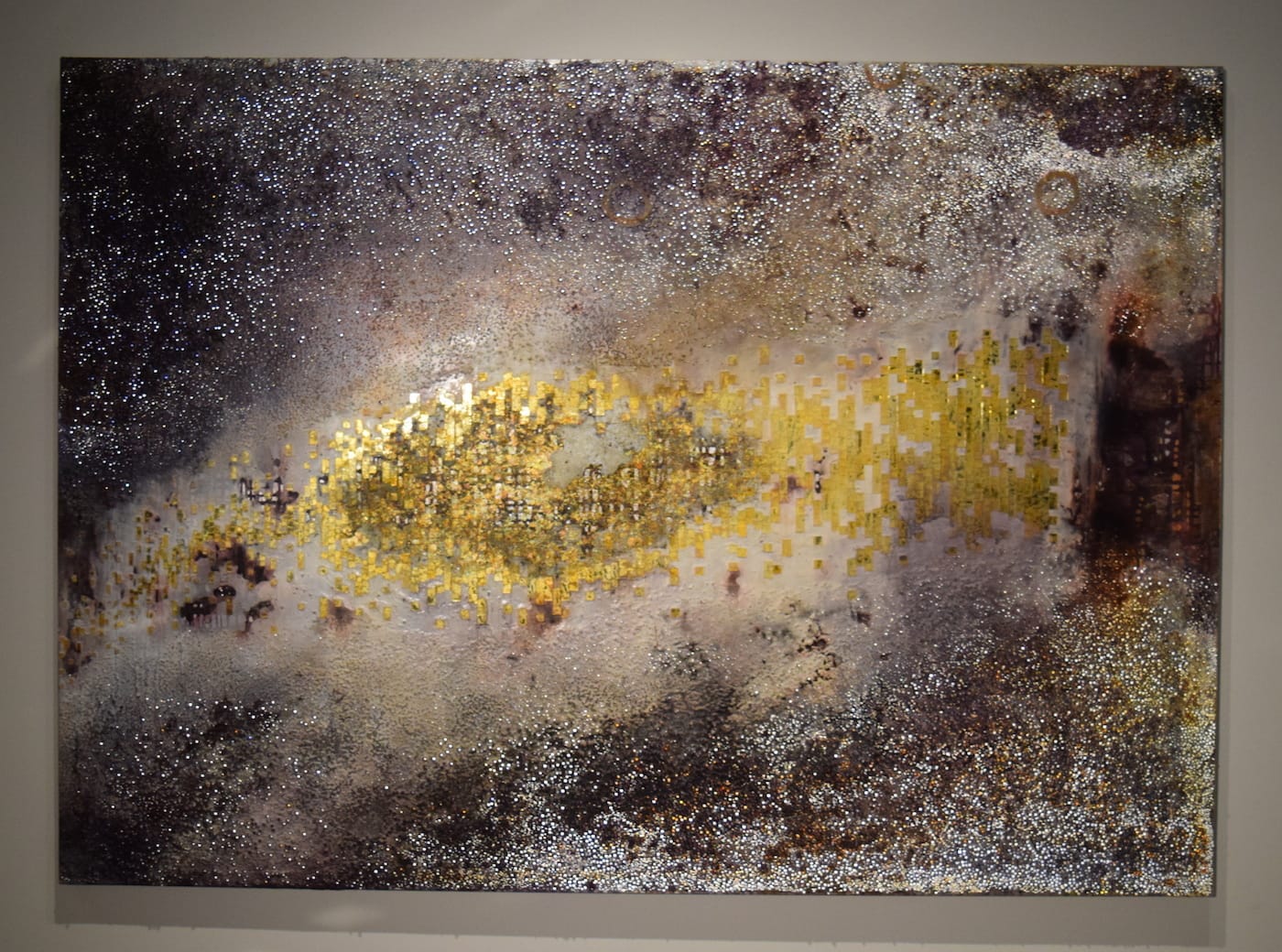 Monica Cook, "Snow Star" (2016), acrylic, urethane, glass balls, iscoball mirror, modeling paste, powder pigments on canvas, 60 x 84 in