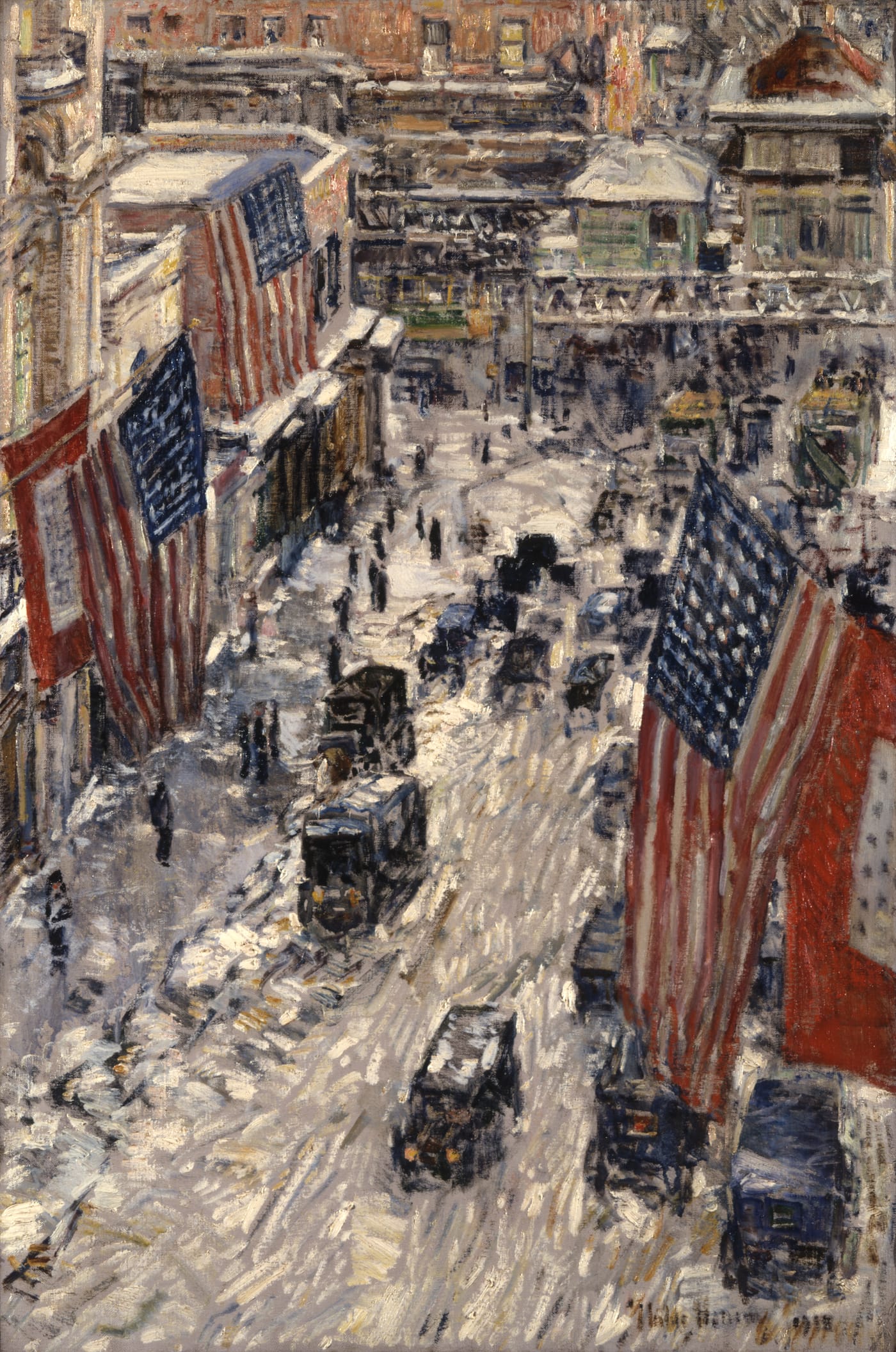 Childe Hassam, "Flags on 57th Street, Winter 1918 (1918), oil on canvas, 35 3/4 × 23 3/4 in, the New-York Historical Society, bequest of Julia B. Engel (photo © the New-York Historical Society)