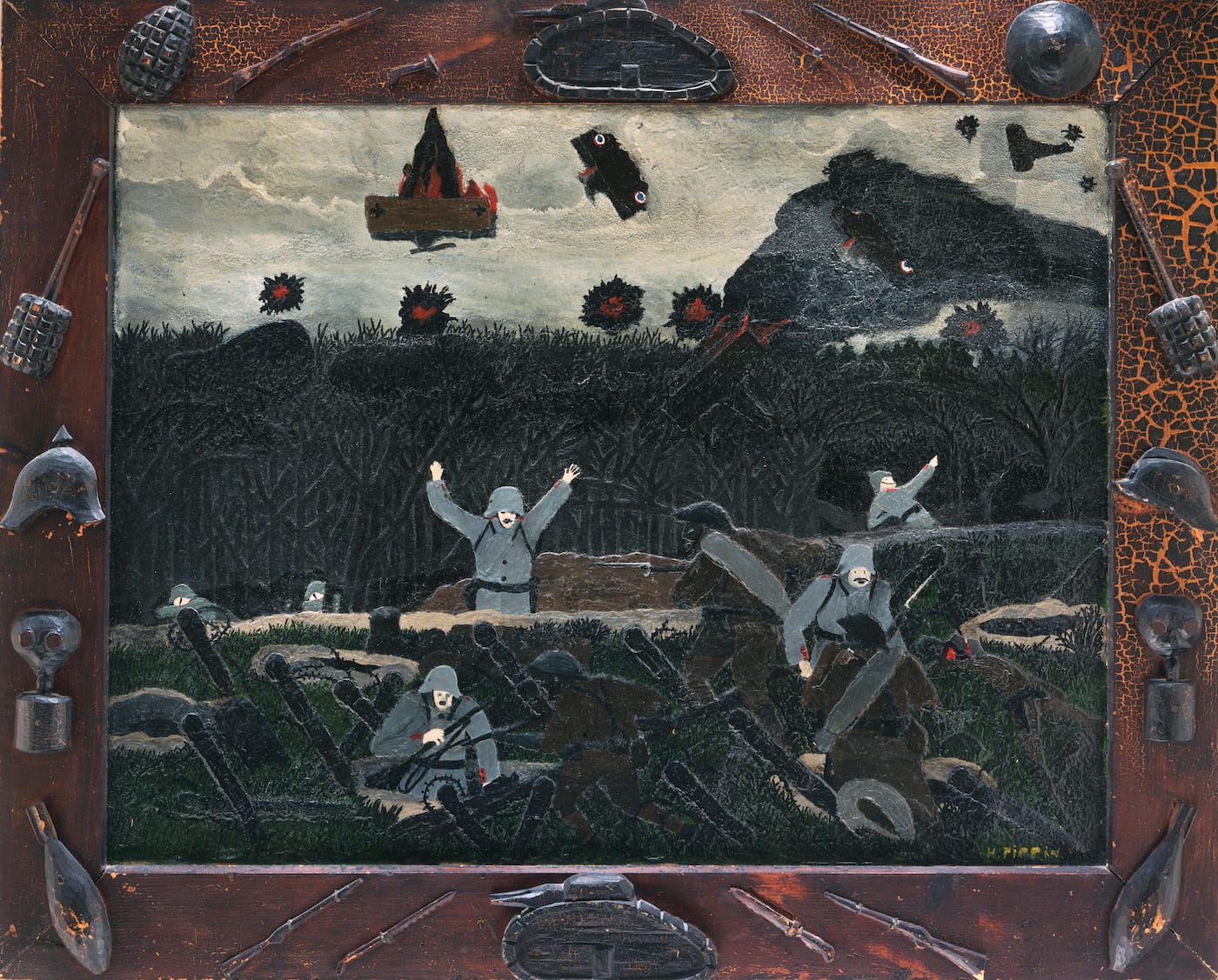 Horace Pippin, "The End of the War: Starting Home" (1930–33), oil on canvas, 26 × 30 1/16 in, Philadelphia Museum of Art, gift of Robert Carlen, 1941