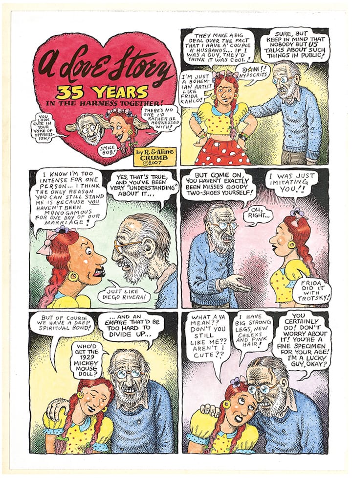 Aline Kominsky-Crumb and R. Crumb, page one of "A Love Story: 35 Years in the Harness Together!" (2007), colored copies, two pages, page one: 13 7/8 x 10 in (courtesy of the artists)