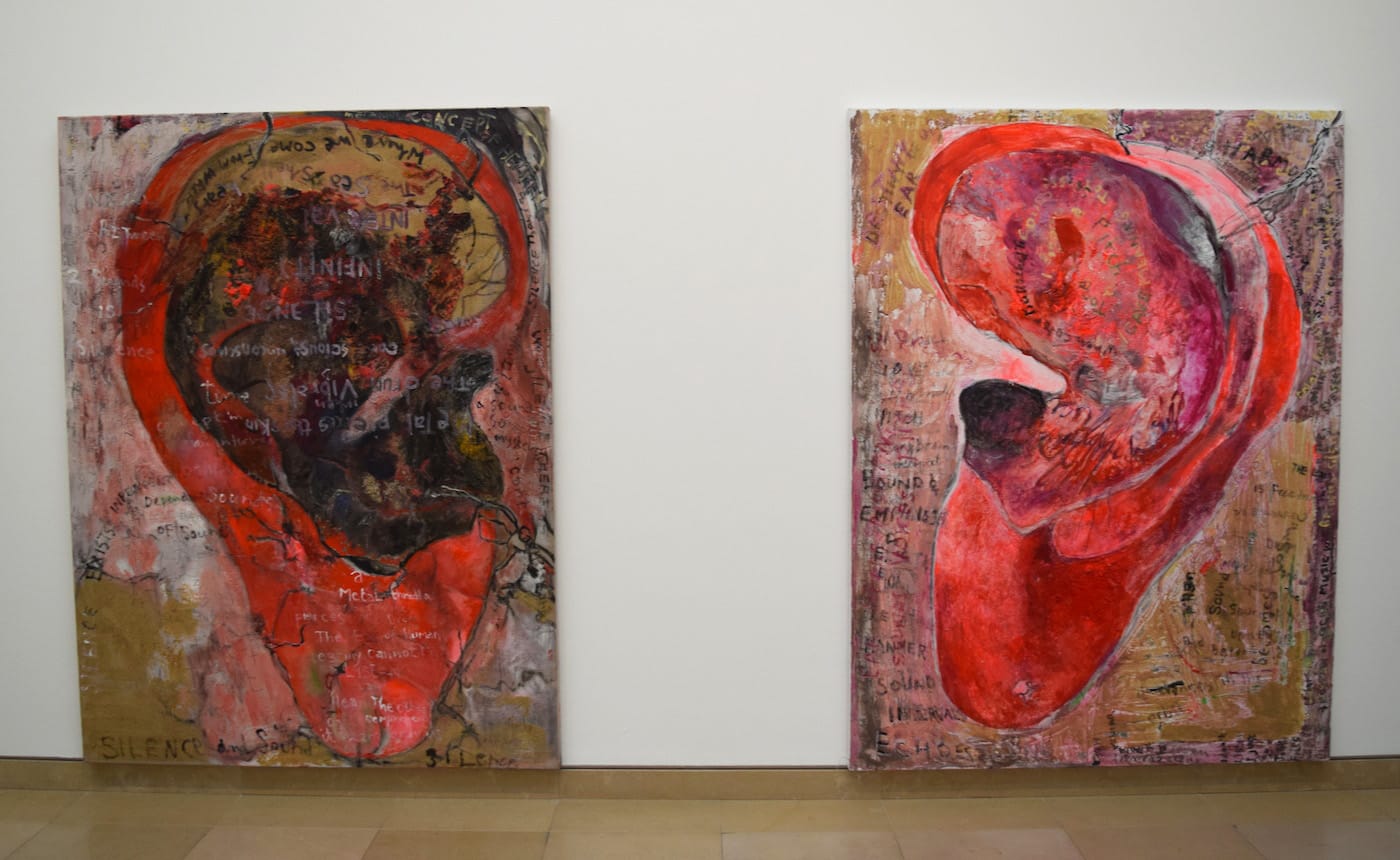 Anna Boghiguian, "The Physical Ear" (2011, left) and "The Metaphysical Ear" (2011, right), both mixed media on canvas