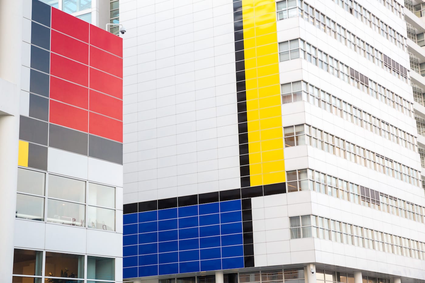 The exterior of The Hague's City Hall building transformed into "the largest Mondrian painting in the world"