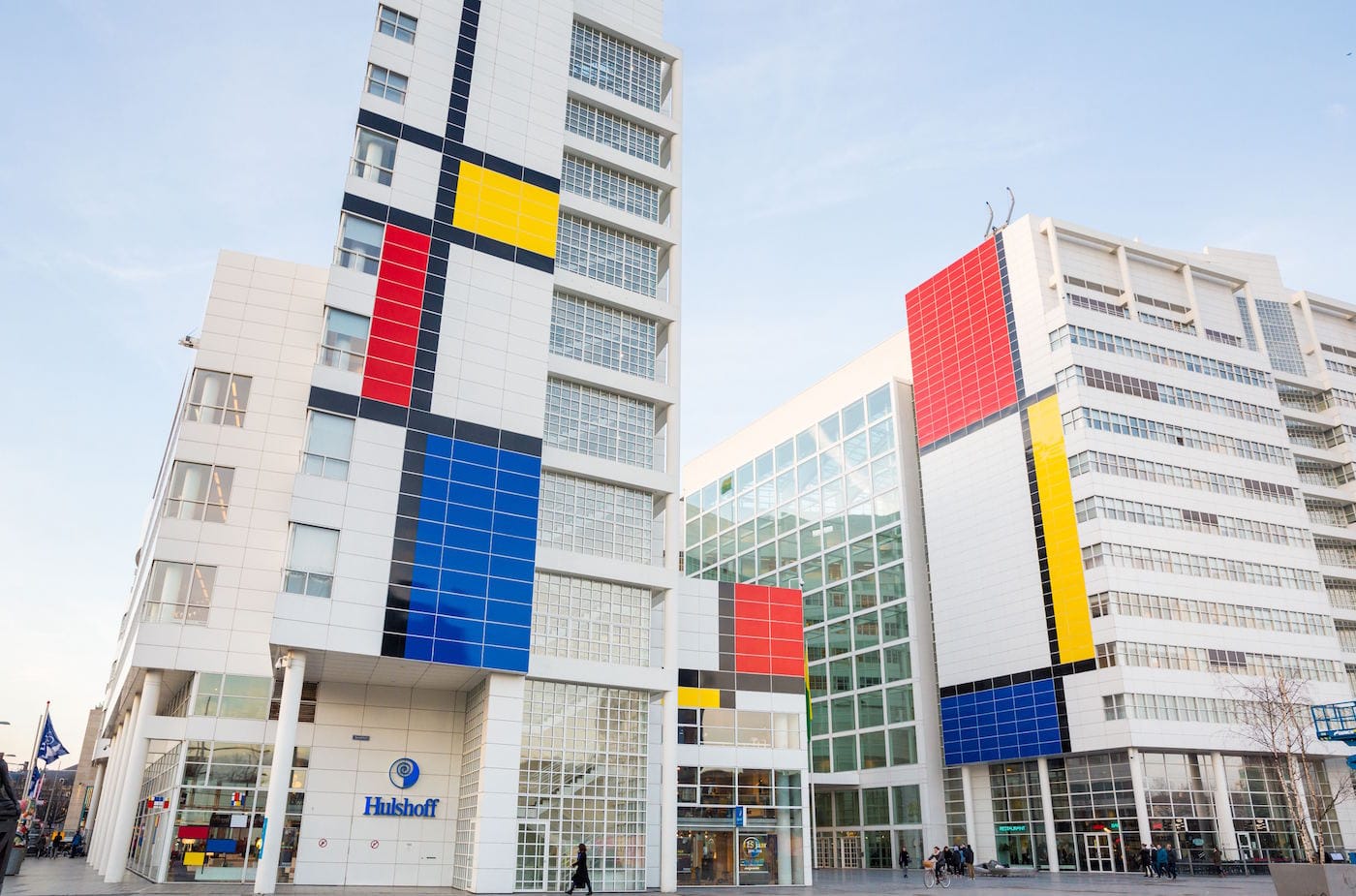 The exterior of The Hague's City Hall building transformed into "the largest Mondrian painting in the world"