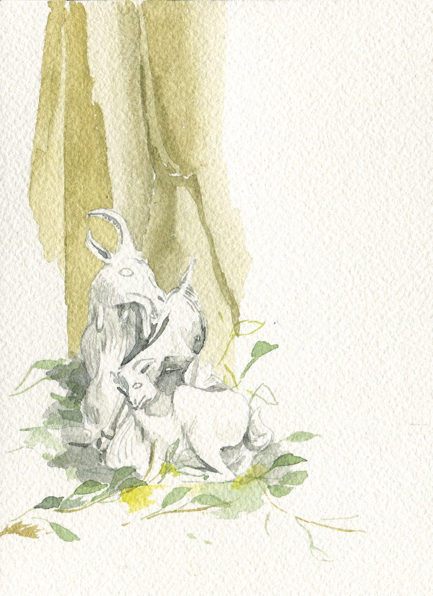 Installation view of Porcelain, No Simple Matter: Arlene Shechet and the Arnhold Collection at the Frick (original watercolor painting by the author for Hyperallergic)