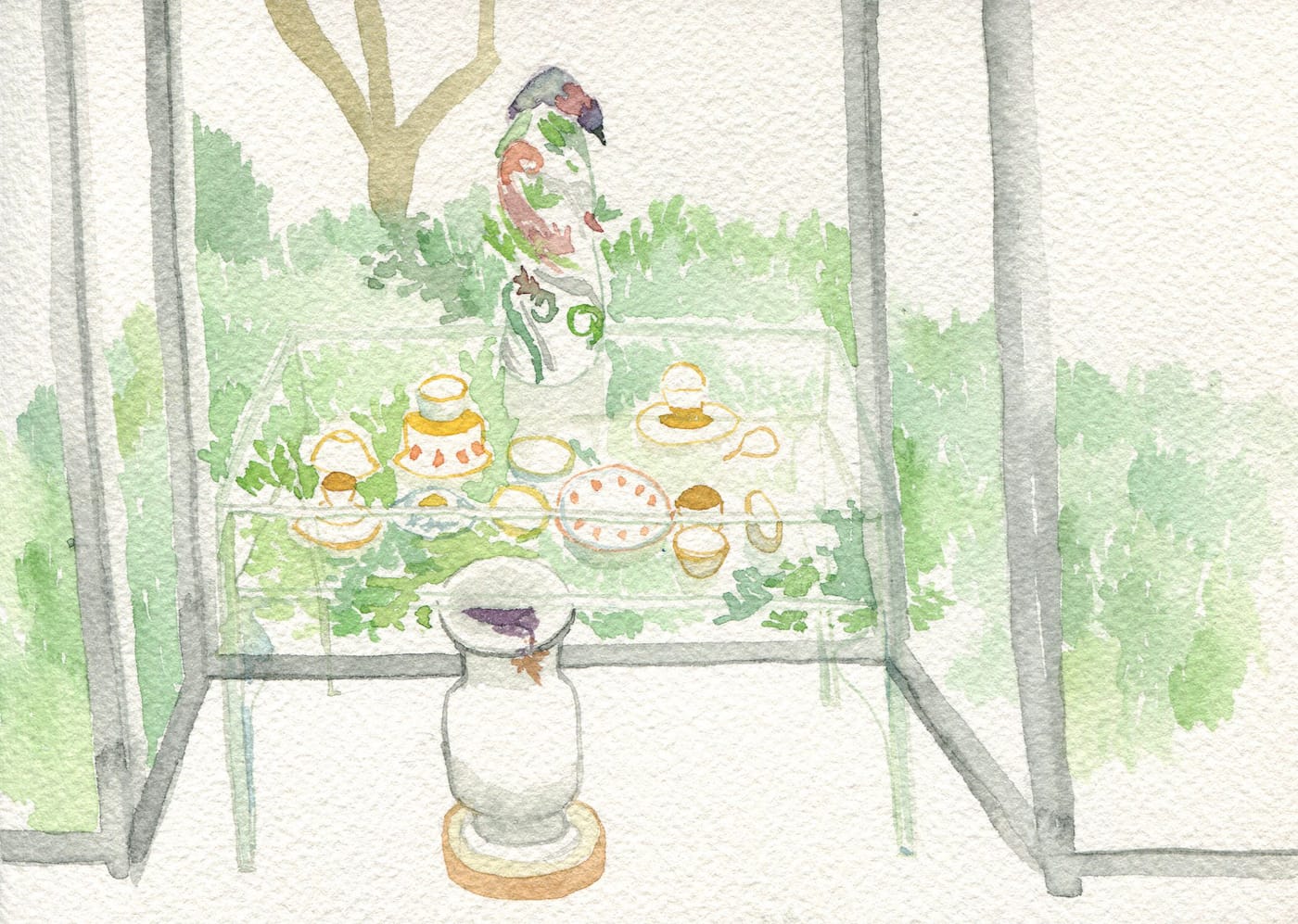 Installation view of Porcelain, No Simple Matter: Arlene Shechet and the Arnhold Collection at the Frick (original watercolor painting by the author for Hyperallergic)