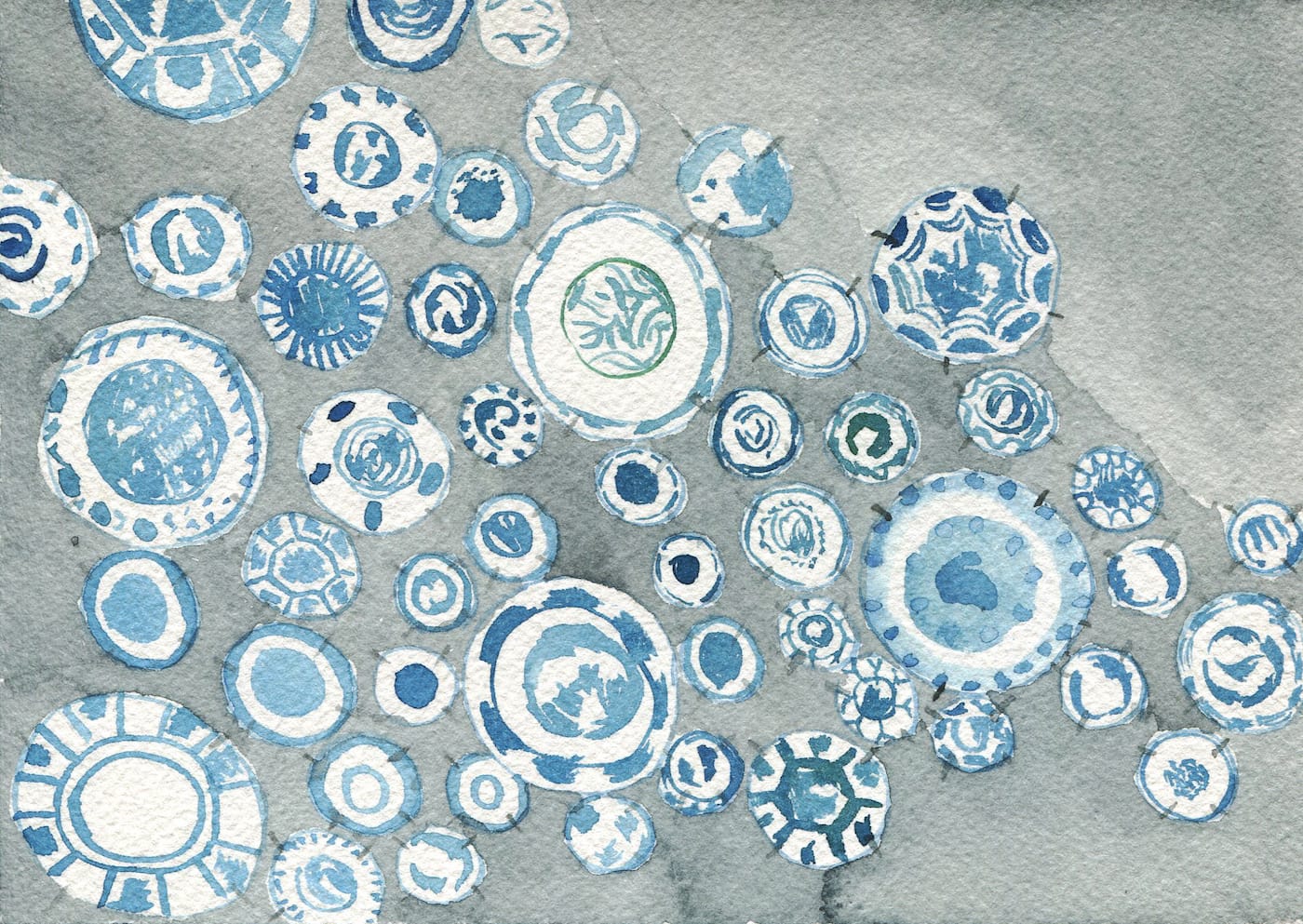 Installation view of Porcelain, No Simple Matter: Arlene Shechet and the Arnhold Collection at the Frick (original watercolor painting by the author for Hyperallergic)