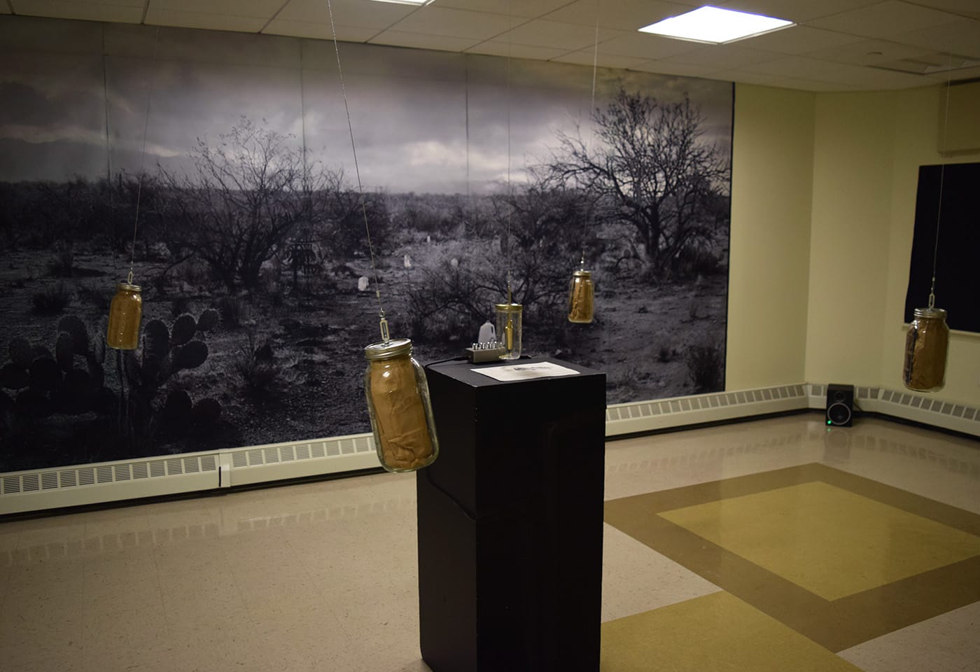 Installation view with Cristobal Martinez's interactive sound sculpture "Con Frascos Embrujados Me Ensangrene Las Manos. Escucha Cuando Me Chingé Solo con Tierra y Viento." in the foreground and Delilah Montoya's photo "Sed: Water Trail Tohono O'odham Nation, AZ" (2004) in the background
