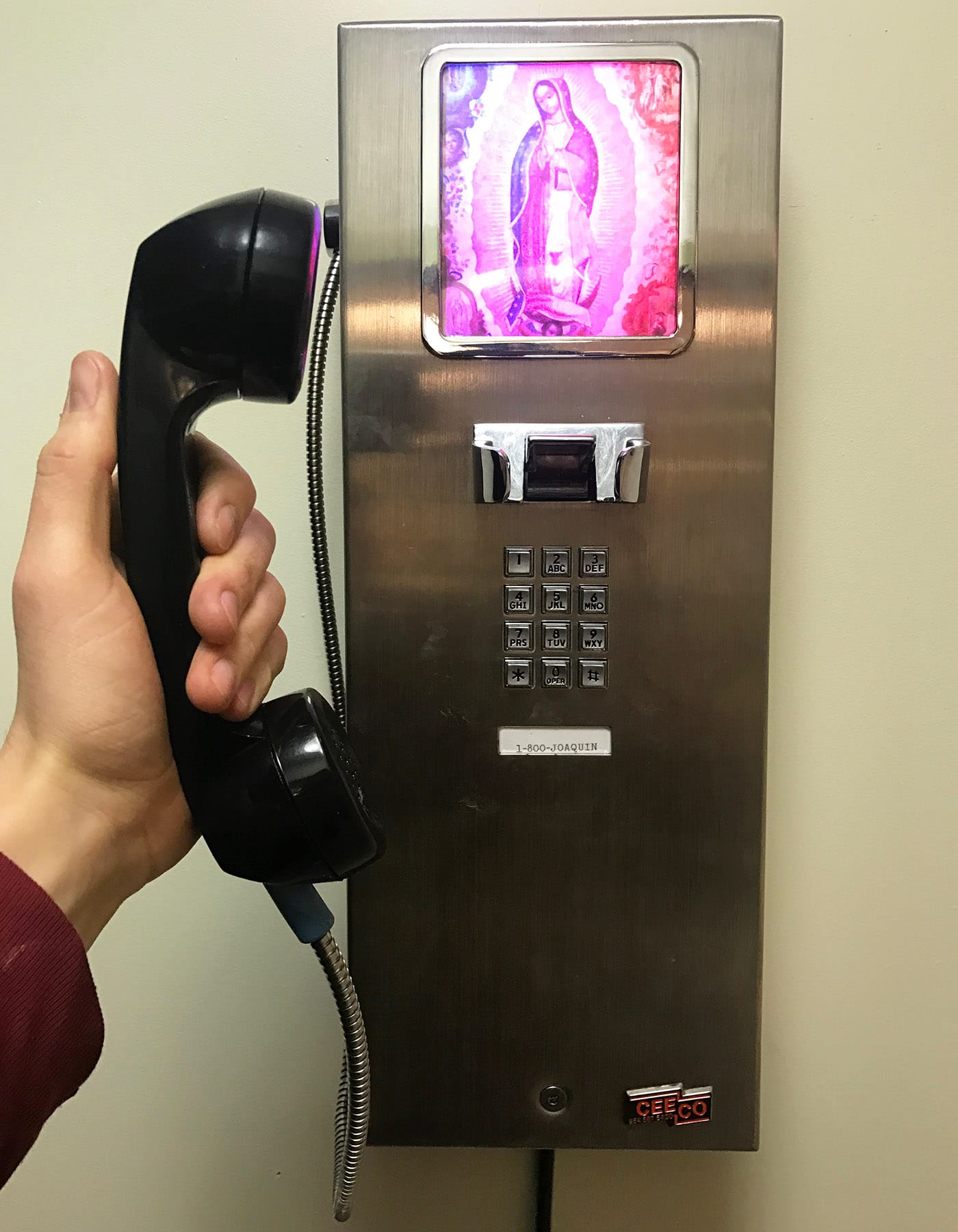 Tijuana Rick, "1-800-JOAQUIN" consists of a modified correctional facility phone that plays a recording of artist Daniel Villalva reciting Rodolfo Gonzales's poem "I Am Joaquin"