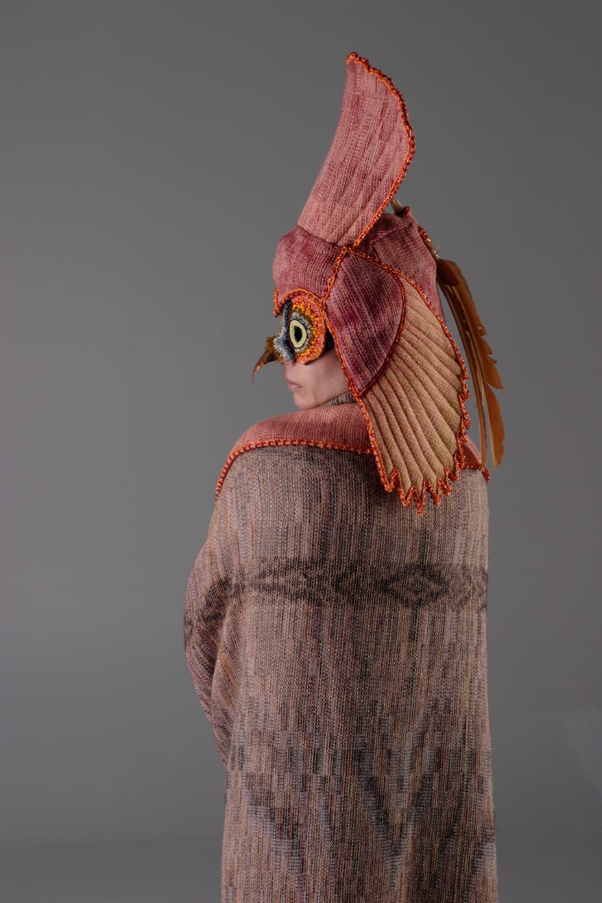 Margaret Roach Wheeler (Chickasaw) for Mahota Handwovens, "The Messenger (The Owl)" (2014), cape and headpiece from the Mahotan Collection, silk-wool yarn, metal, silver, glass beads, and peacock feathers (photo by Greg Hall, courtesy of the designer)