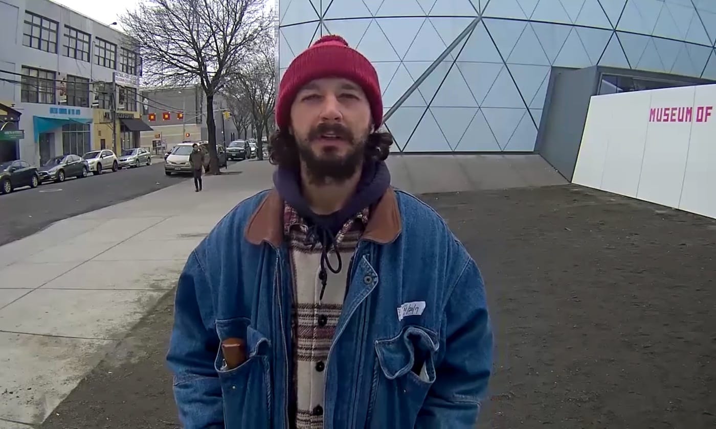 Shia LaBeouf on the "HEWILLNOTDIVIDE.US" live feed (screenshot by the author via YouTube)