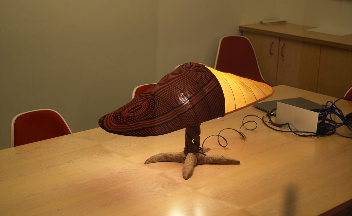 Jessi Reaves, "Barley Twist Squat Lamps" (2017) in a Whitney conference room