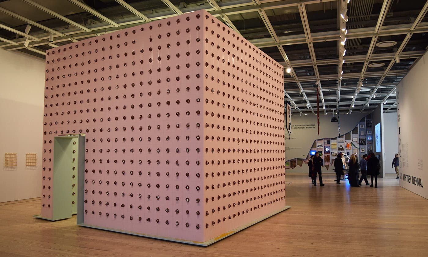 Installation view of the 2017 Whitney Biennial with Pope.L's "Claim (Whitney Version)" (2017), an installation that includes 2,755 slices of bologna (all photos by the author for Hyperallergic)
