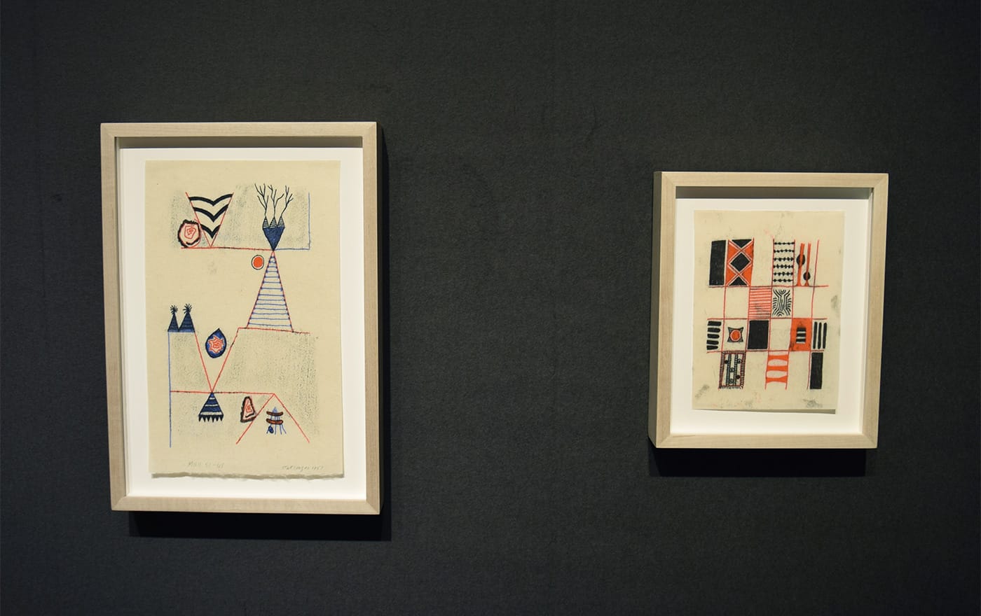 Untitled monoprints (both 1951) by Evelyn Statsinger in the Richard Gray Gallery booth at the 2017 ADAA Art Show