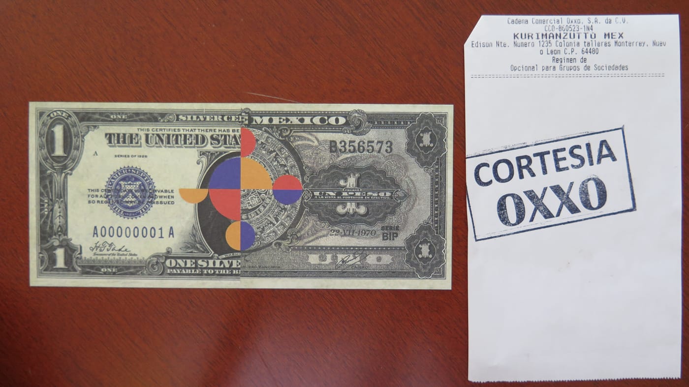 Gabriel Orozco's currency and a receipt from the "OROXXO"