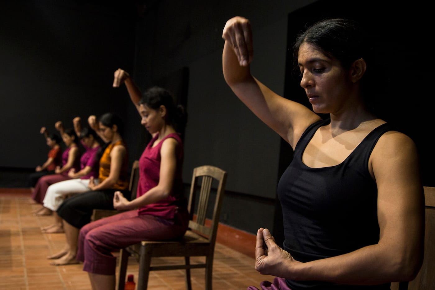 Padmini Chettur, "Varnam" (2016), three-channel (16:9) video projection, 22 minutes. The choreographic performance made especially for video was reconfigured as several performances at David Hall (one of the venues), and is being displayed in video format for the duration of the Biennale.